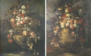 Roses, Tulips, Carnations And Other Flowers In Sculpted Vases by Margherita Caffi