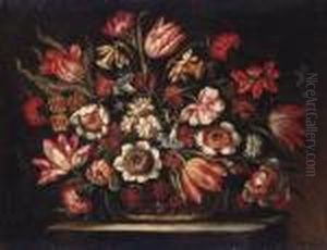 Flowers In A Basket On A Stone Ledge