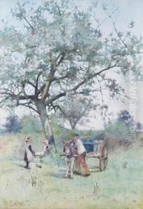 Children And Donkey Cart Before A Blossom Tree
