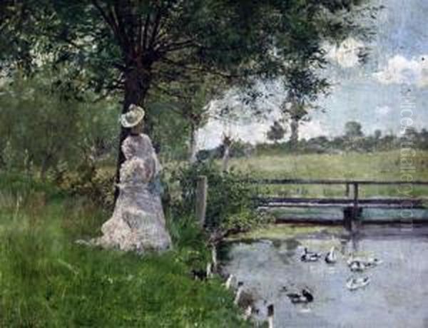 Woman Beside A Duck Pond - view 1
