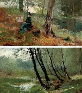 A Lady Artist In A Wood; And A Wooded River Landscape by Hector Caffieri