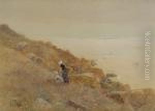 Coastal Scene With Children Picking Flowers On A Cliffside - view 1