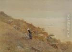 Coastal Scene With Children Picking Flowers On A Cliffside by Hector Caffieri