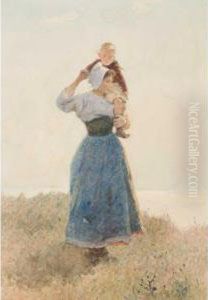 Young Woman With A Child On A Hillside Young Woman With A Child On A Hillside