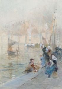 Fisherwomen With Their Children On The Quayside