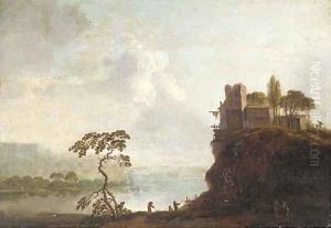 A river landscape with a hilltop village and anglers in the foreground by Christian Hilfgott Brand