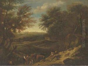A wooded landscape with drovers and cattle at rest by a pond by Christian Hilfgott Brand