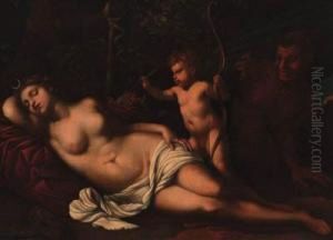 Venus Sleeping In A Forest With A Putto Holding Arrows, A Satyrlooking On