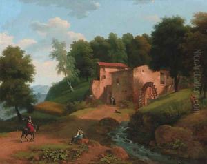 A watermill in a wooded landscape by Jean-Victor Bertin