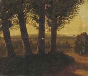 A wooded landscape at dusk with a figure smoking a pipe by Jean-Victor Bertin