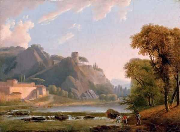 Figures pulling in nets in an extensive river landscape - view 1