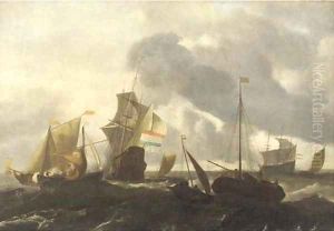 A Dutch man'o-war and other shipping in choppy seas by Ludolf Backhuizen