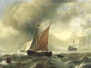 A smalschip in a squall, a Dutch frigate and other shipping beyond by Ludolf Backhuizen