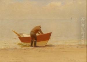 Boatman Launching A Dory With Sailboats In The Distance