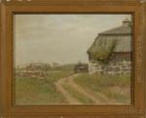 A Cape Cod Country Road Landscape With Barn. by Charles Drew Cahoon