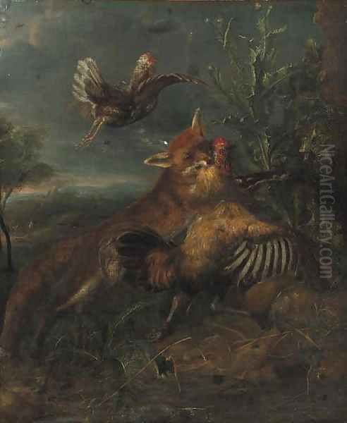 A fox chasing a cockerel by a thistle in a landscape - view 1