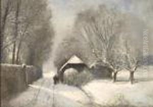 Winterlandscape With Figures Walking Down A Snow Covered Road.