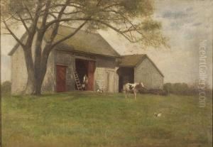 A Man With Pailwalking Into A Barn In Front Of A Farm Yard. A Man With Pailwalking Into A Barn In Front Of A Farm Yard.