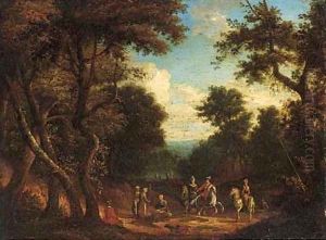 A hunting party in a forest clearing by Peeter Bout