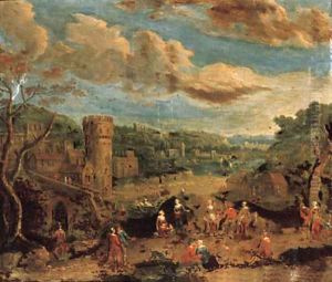 A river landscape with villagers on a track by a ferry; and A river landscape with peasants dancing before a town by Peeter Bout