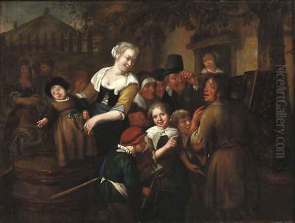 A street pedlar showing his wares to a group of children - view 1