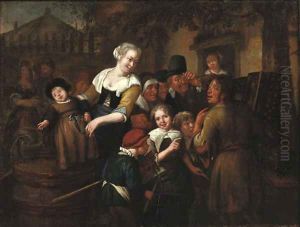 A street pedlar showing his wares to a group of children by Richard Brakenburgh
