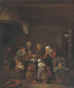 A kitchen interior with a peasant family praying before a meal by Richard Brakenburgh