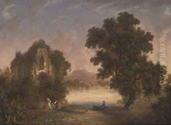 Figures before an Abbey ruin - view 1