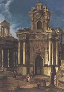 A capriccio of a Baroque church and antique ruins with figures