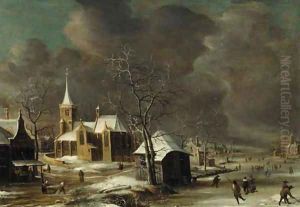 A village in winter, with villagers on a frozen waterway by Anthonie Beerstraaten