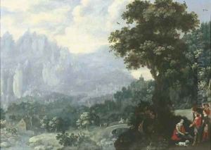 An extensive river landscape with soldiers resting by a tree, a mill and mountains beyond by Hans Bergaigne