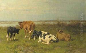 A polder landscape with cows near the water by Hermanus Charles Christiaan Bogman