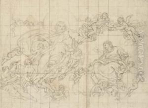 Dieu-le-pere Avec La Vierge Dans Des Nuages Entoures D'anges by Giacinto Calandrucci