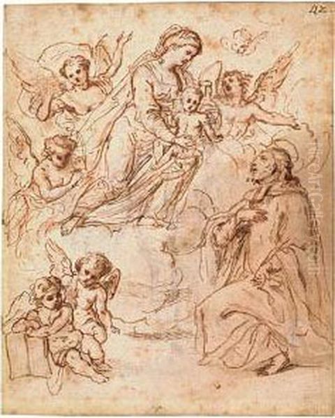 The Virgin And Child Accompanied
 By Angels Appearing To A Kneeling Jesuit Saint.<<br> - view 1