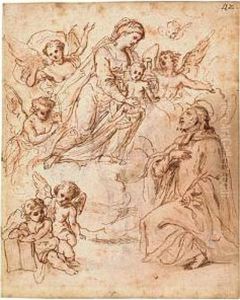 The Virgin And Child Accompanied
 By Angels Appearing To A Kneeling Jesuit Saint.<<br>