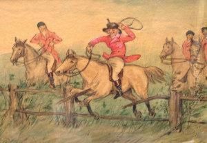 Follower Of Randolph Caldecott, 19th Century- Cartoon Of Riders Jumping A Fence by Randolph Caldecott