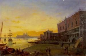 Ansicht Des Canale Grande Mit Dogenpalast Bei Sonnenuntergang