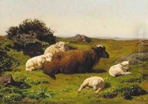 A sheep and lambs resting in a moorland landscape by Juliette Peyrol Bonheur
