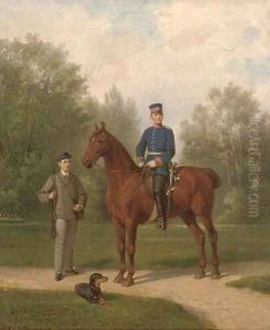 A soldier on horseback, with a sportsman and dog in a park by Ludwig Behringer