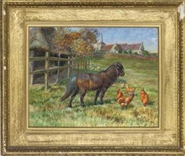 A Pony And Chickens In A Paddock With A Church Beyond - view 1