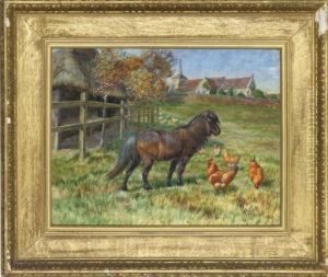A Pony And Chickens In A Paddock With A Church Beyond
