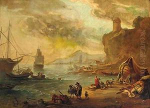 A Mediterranaen coastal inlet with a moored man-o'-war