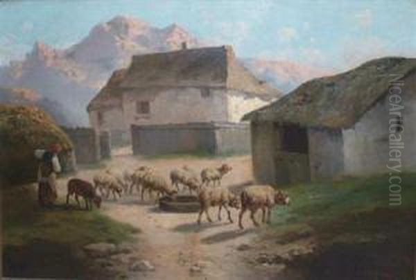 Sheep Grazing Before A Barn And Mountain Landscape - view 1