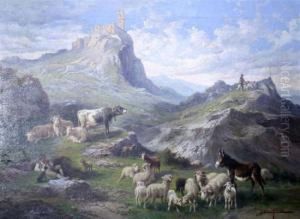 Cattle And Sheep In An Alpine Landscape by John, Giovanni Califano