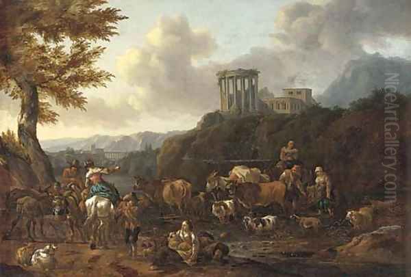 An Italianate landscape with drovers fording a river, the Temple of the Sibyl at Tivoli beyond - view 1