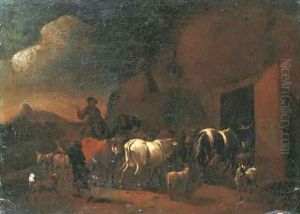 Shepherds returning to the stable with their cattle at dusk by Abraham Jansz. Begeyn