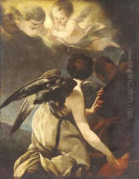 Angels kneeling near a book and a Cardinal's hat, two putti bearing a Martyr's palm above a fragment - view 1
