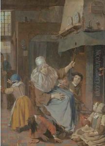 An interior with a mother scolding her children by Cornelis (Pietersz.) Bega