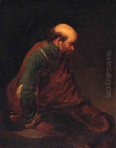 An old man leaning against a table - view 1