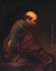 An old man leaning against a table by Cornelis (Pietersz.) Bega
